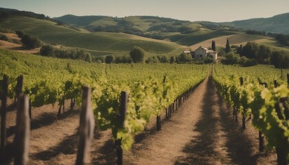 a vineyard field with green vines and hills