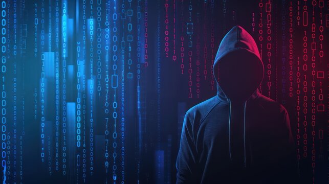 Hacking concept. Hacker with binary code digital interface background.