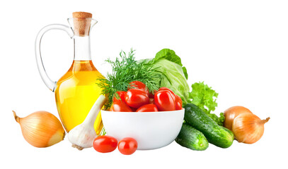 Set of fresh organic vegetables, tomatoes, cucumbers, onions with olive oil isolated. PNG. - 788042823