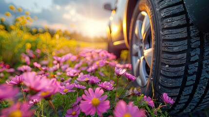 Car tyres in flowers - obrazy, fototapety, plakaty