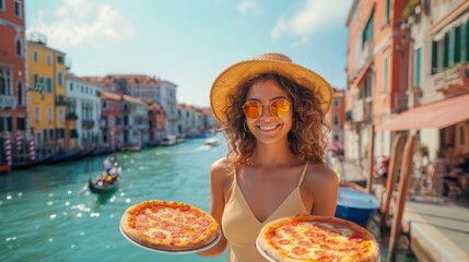 Cheerful young female traveler wearing a straw hat and sunglasses, holding two pizzas by a sunny Venice canal with gondolas in the background.