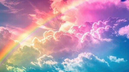 rainbow in the sky fluffy shining clouds , cotton, pink purple pastel colors - obrazy, fototapety, plakaty