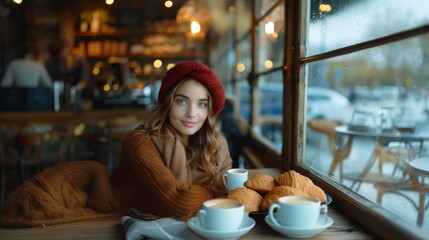 Stylish young woman in a red beret sits by a window in a cozy cafe, enjoying a cup of coffee and fresh croissants. A rainy day adds to the relaxed, warm ambiance as she smiles gently.