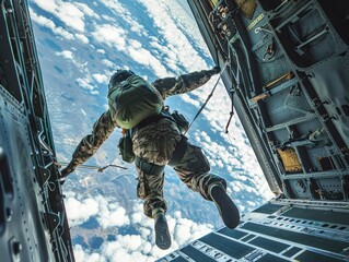 Aerial view of a flying paratrooper in a spacesuit against the sky. Close up - obrazy, fototapety, plakaty