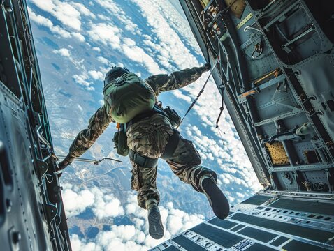 Aerial view of a flying paratrooper in a spacesuit against the sky. Close up