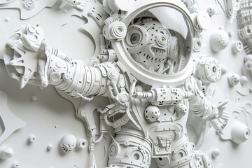 Kirigami art of a space station, with detailed cutouts of a child in a space suit and an ugly grotesque alien, against a white background, - obrazy, fototapety, plakaty