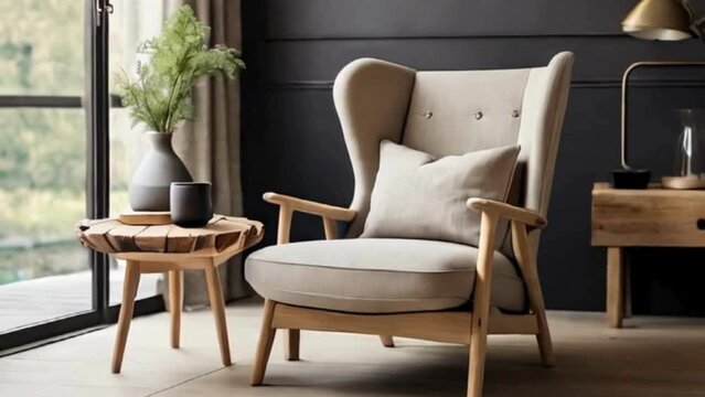 Stylish Beige Wingback Chair in Modern Living Room