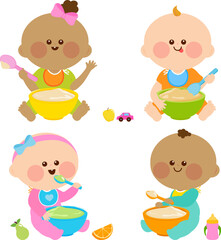 Cute toddler baby boys and girls eating baby food cereal and pureed fruits and vegetables. Diverse group of baby boys and girls having breakfast of porridge, cereal and fruits. Vector illustration