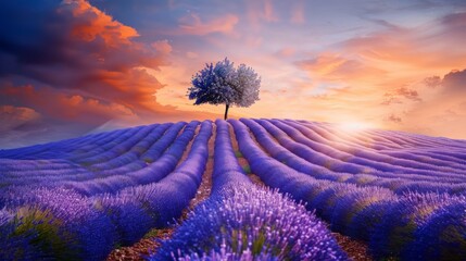 Amazing blooming landscape with purple lavender fields in summer in France - obrazy, fototapety, plakaty