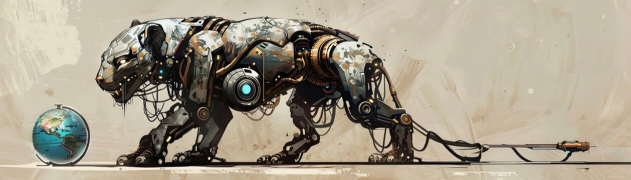 A fullbody sketch of a robotic zoo animal, holding a small globe, showcasing a futuristic take on wildlife conservation, 