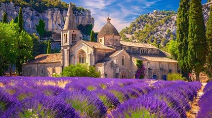 Amazing blooming purple lavender fields at monastery, Provence, southern France