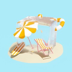 Refreshing summer vacation concept. Beach chair, umbrella and beach accessories frozen in an ice cube. Creative tropical background for postcard, flyer, advertisements. 3D illustration, rendering.