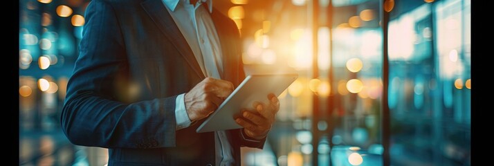 businessman using digital tablet in modern office. double exposure, business concept