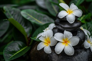 A bouquet of white flowers is placed on top of three black rocks