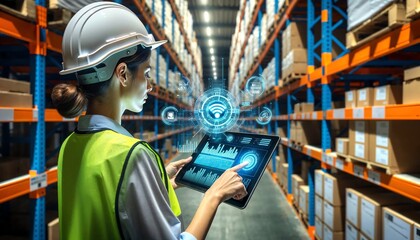 Futuristic Warehouse Management: Female Worker Utilizing Augmented Reality for Inventory Check