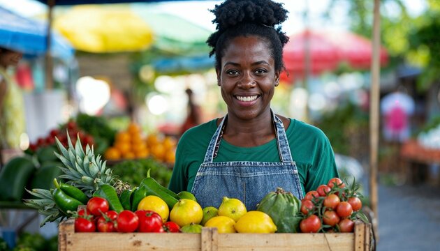 Joyful Black Woman Vendor Presenting Fresh Harvest at Vibrant Local Farmers Market