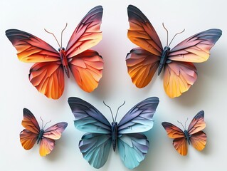 3D printed butterfly models on a clean white background, lower third positioning, modern design space above 