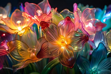 Digital workshop on crafting glass flowers with rainbow lighting techniques, vibrant studio light, educational tech creativity - obrazy, fototapety, plakaty