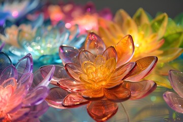 Digital workshop on crafting glass flowers with rainbow lighting techniques, vibrant studio light, educational tech creativity