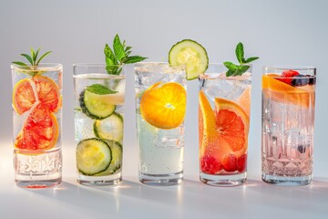 Fototapeta premium Gin and tonic served in glasses with fruit garnish