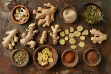 Fototapeta na wymiar Ginger tea recipe with simple ingredients viewed from above