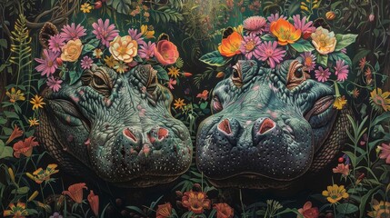 A beautiful painting of two hippos in a lush green jungle with flowers and plants. - obrazy, fototapety, plakaty