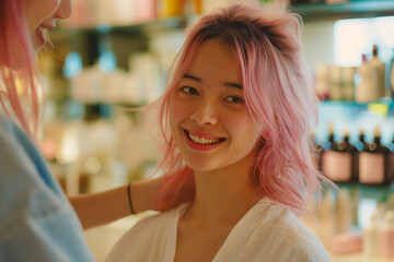 Satisfied and happy female hairdresser doing haircut for a young pinkhaired customer in beauty salon