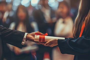 Two individuals shaking hands, one person holding a red ribbon, depicting a moment of recognition or agreement. Generative AI