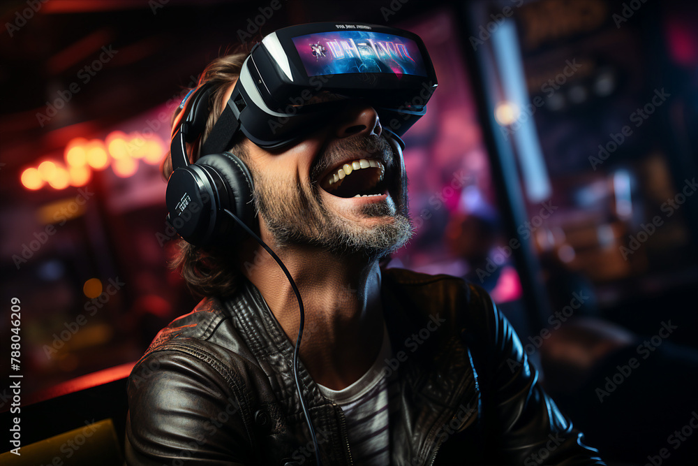 Poster generative ai image of funny gamer in headphones and playing online game on pc computer