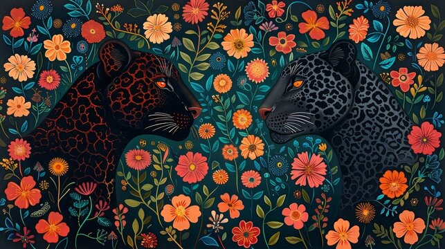 A dark floral pattern with two black panthers facing each other in the center.