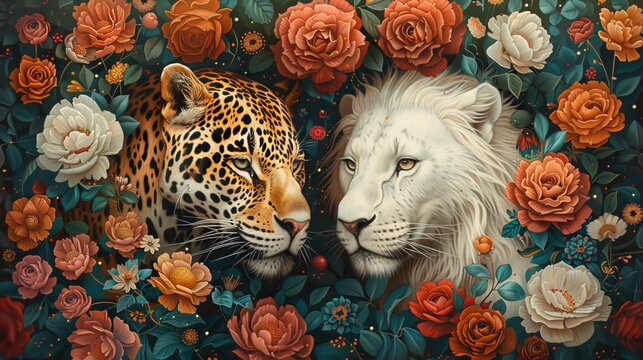 A lion and a leopardess in a lush garden of flowers.