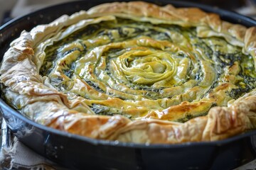 Greek bakery authentic Filo Spinach and Feta Twist Pie in iron pan post baking Contains spinach mizithra and feta - Powered by Adobe