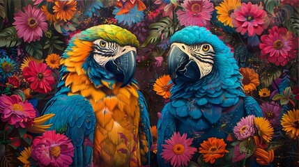 A pair of parrots surrounded by tropical flowers.