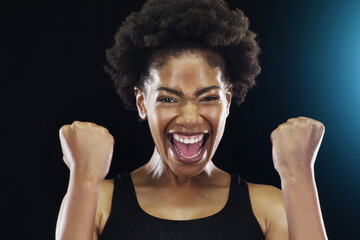 Black woman, portrait and athlete celebration or excited with fists for happiness, winning or dark...
