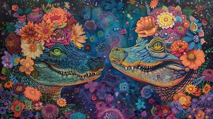 Two alligators with flower crowns facing each other in front of a dark floral background.
