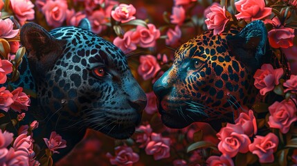 Two black and blue jaguars with red eyes are standing in a field of red flowers. - obrazy, fototapety, plakaty