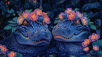 Fototapeta premium Two alligators with flower crowns made of pink, yellow, and purple flowers. The background is dark blue with green and yellow plants and flowers.