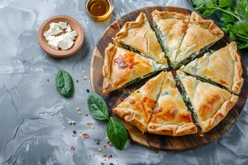 Greek spinach and cheese pie on wooden board top view