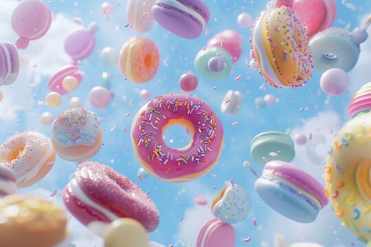 donuts, macarons, and an assortment of candy are suspended in mid-air against a light blue backdrop
