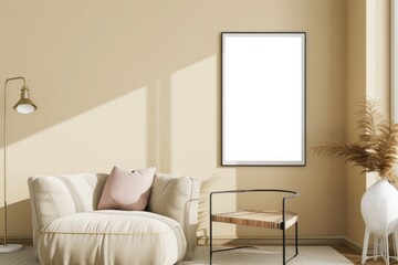 Fototapeta premium Beige Scandinavian Interior with Poster Mockup created with Generative AI