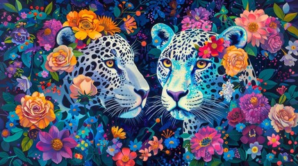Two ethereal leopards stand in a lush garden, their fur adorned with delicate flowers.
