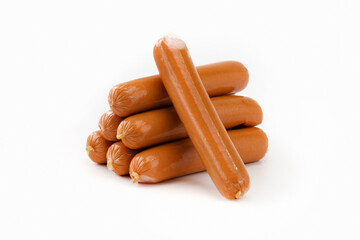 Group of sausages in wrapper on white isolated background