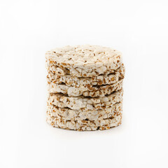 A stack of round crispbreads on a white background. Round rice crackers. Isolated