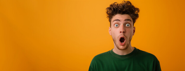 A man with a shirt, curly hair is looking at the camera with an open mouth. Young man with uncertain surprised or confused expression, mildly shocked, large open eyes. Banner with copy space left side - obrazy, fototapety, plakaty