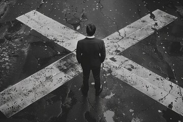 A businessman confidently stands at a crossroads, symbolizing the power of making decisive choices on the path to success  - obrazy, fototapety, plakaty