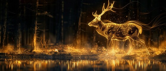 Artistic depiction of a deer in a rich woodland setting, crafted in shimmering gold lines on a sumptuous art background, symbolizing grace and nobility - obrazy, fototapety, plakaty