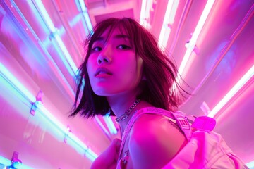 An Asian girl in bright clothes poses for the camera in a neon room. Vibe parties