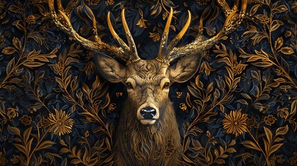 Sophisticated golden line art of a majestic deer, set against a luxurious backdrop of intricate woodland details, evoking a serene and opulent feel