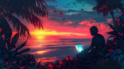 silhouette of a guy on his laptop glowing screen, tropical paradise, tropical plants in foreground