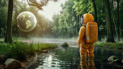 Fototapeta premium Environmental Protection: child astronaut, looking at Earth-like sphere, in a vibrant orange suit, standing in a stream 
